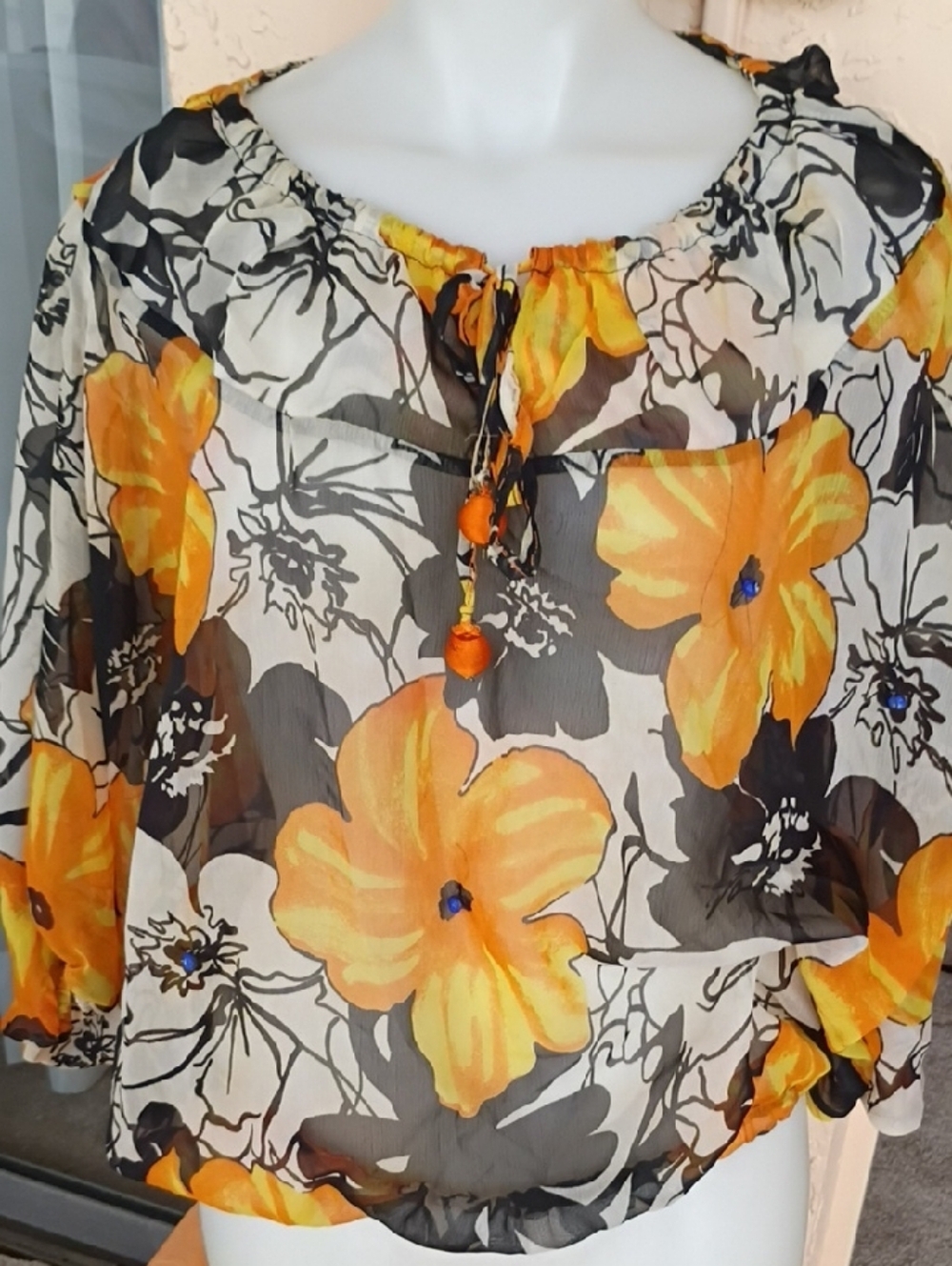VILA Orange and Black Sheer Floral Blouse